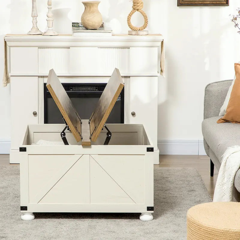 Table basse carrée à plateau relevable avec rangement dissimulé, coloris blanc antique/naturel/blanc