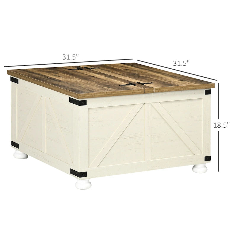 Table basse carrée à plateau relevable avec rangement dissimulé, coloris blanc antique/naturel/blanc