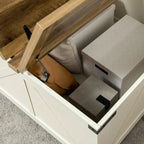 Table basse carrée à plateau relevable avec rangement dissimulé, coloris blanc antique/naturel/blanc