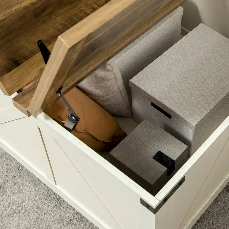 Table basse carrée à plateau relevable avec rangement dissimulé, coloris blanc antique/naturel/blanc