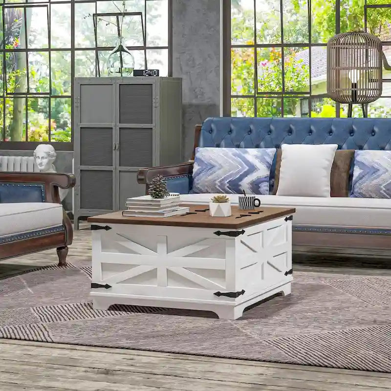 Table basse carrée à plateau relevable avec rangement dissimulé, coloris blanc antique/naturel/blanc