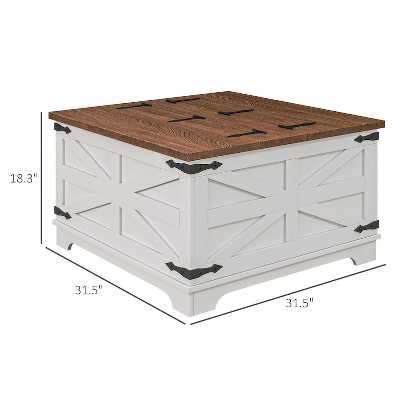 Table basse carrée à plateau relevable avec rangement dissimulé, coloris blanc antique/naturel/blanc