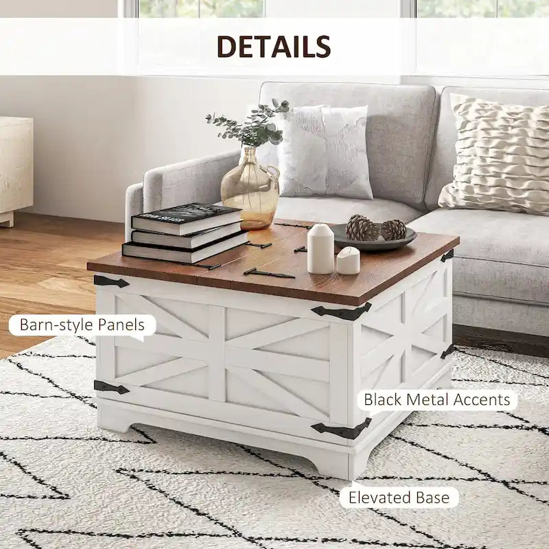 Table basse carrée à plateau relevable avec rangement dissimulé, coloris blanc antique/naturel/blanc