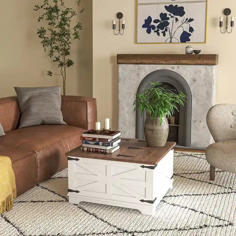 Table basse carrée à plateau relevable avec rangement dissimulé, coloris blanc antique/naturel/blanc
