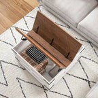 Table basse carrée à plateau relevable avec rangement dissimulé, coloris blanc antique/naturel/blanc