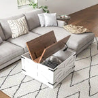 Table basse carrée à plateau relevable avec rangement dissimulé, coloris blanc antique/naturel/blanc