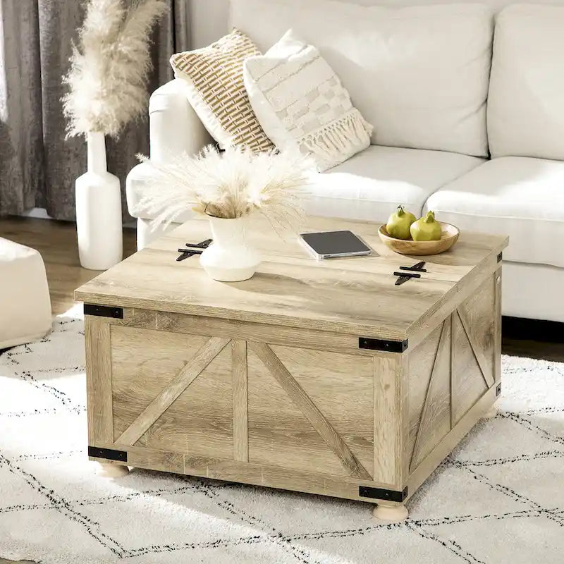 Table basse carrée à plateau relevable avec rangement dissimulé, coloris blanc antique/naturel/blanc