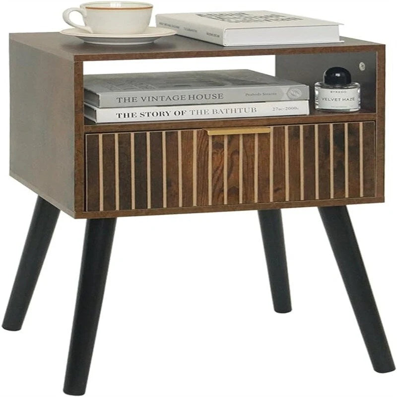 Table de chevet rustique marron à 2 niveaux avec tiroir – Dessus en MDF, Simple