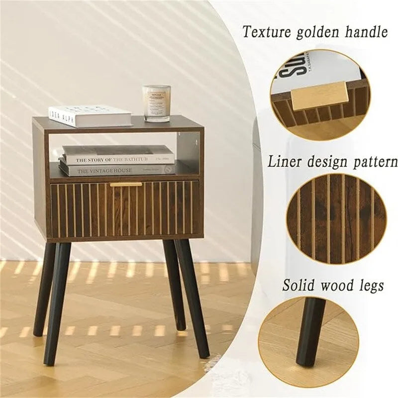 Table de chevet rustique marron à 2 niveaux avec tiroir – Dessus en MDF, Simple