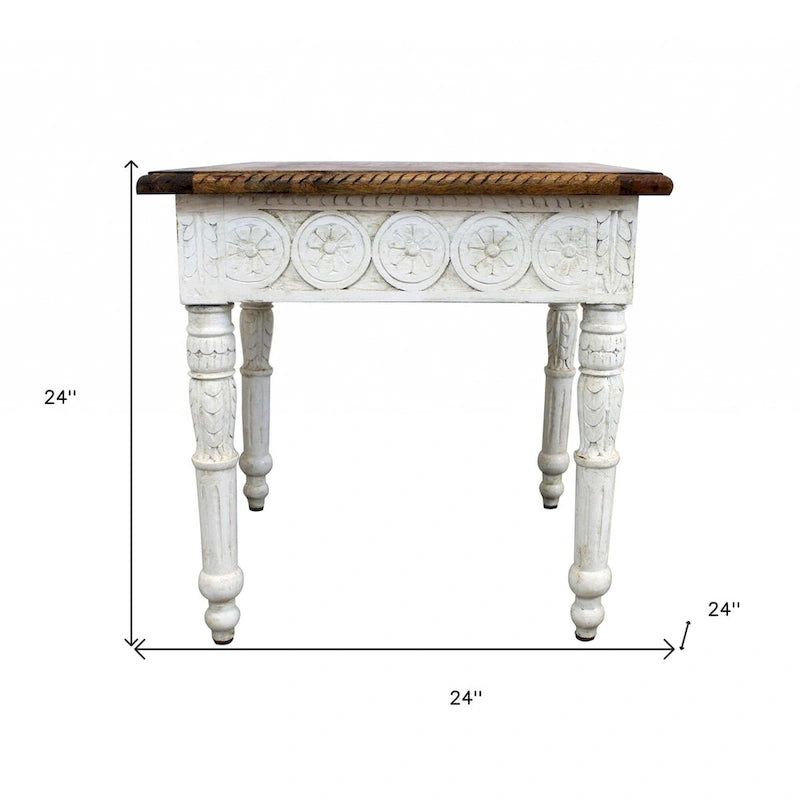 Table d'appoint carrée ivoire et marron – Plateau en bois, Table d'appoint 1 personne