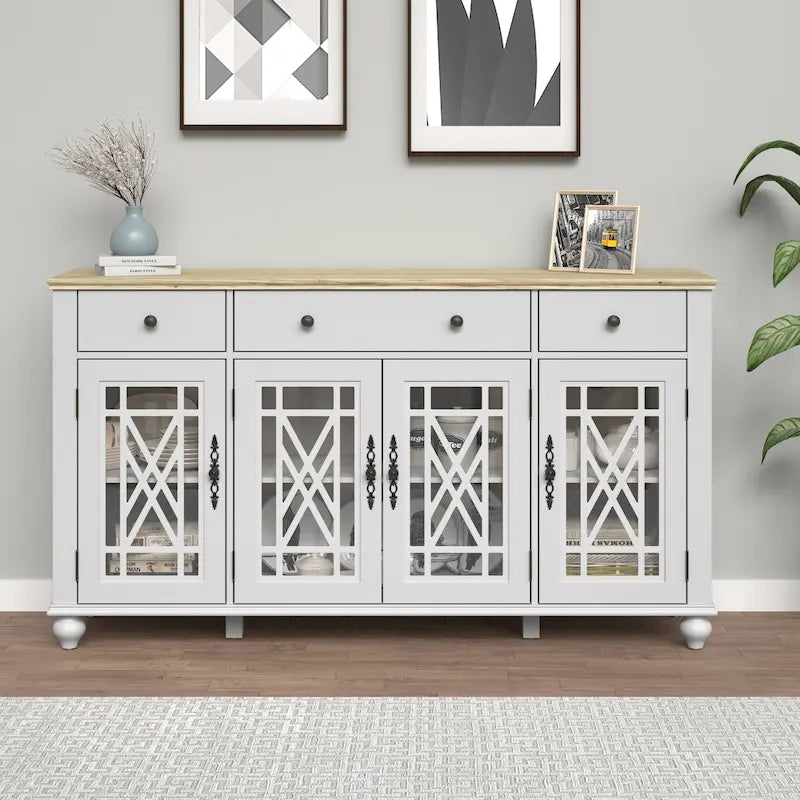 Buffet/Bahut Vintage Grisâtre-Blanc/Vert/Bleu Marine, 3 Tiroirs & Portes Vitrées, 1 Foyer