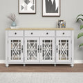 Buffet/Bahut Vintage Grisâtre-Blanc/Vert/Bleu Marine, 3 Tiroirs & Portes Vitrées, 1 Foyer