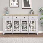 Buffet/Bahut Vintage Grisâtre-Blanc/Vert/Bleu Marine, 3 Tiroirs & Portes Vitrées, 1 Foyer