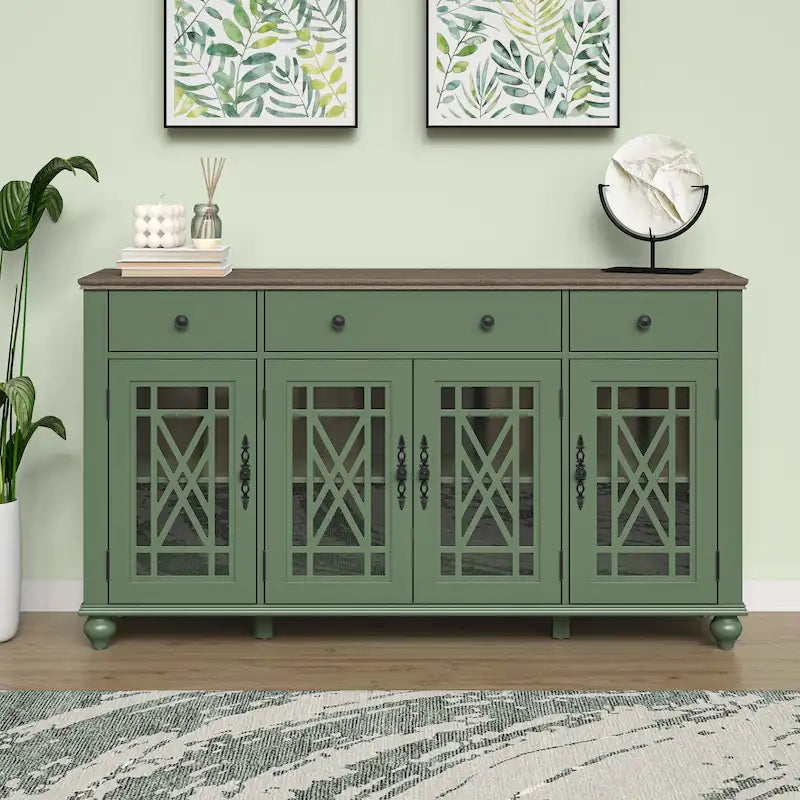 Buffet/Bahut Vintage Grisâtre-Blanc/Vert/Bleu Marine, 3 Tiroirs & Portes Vitrées, 1 Foyer