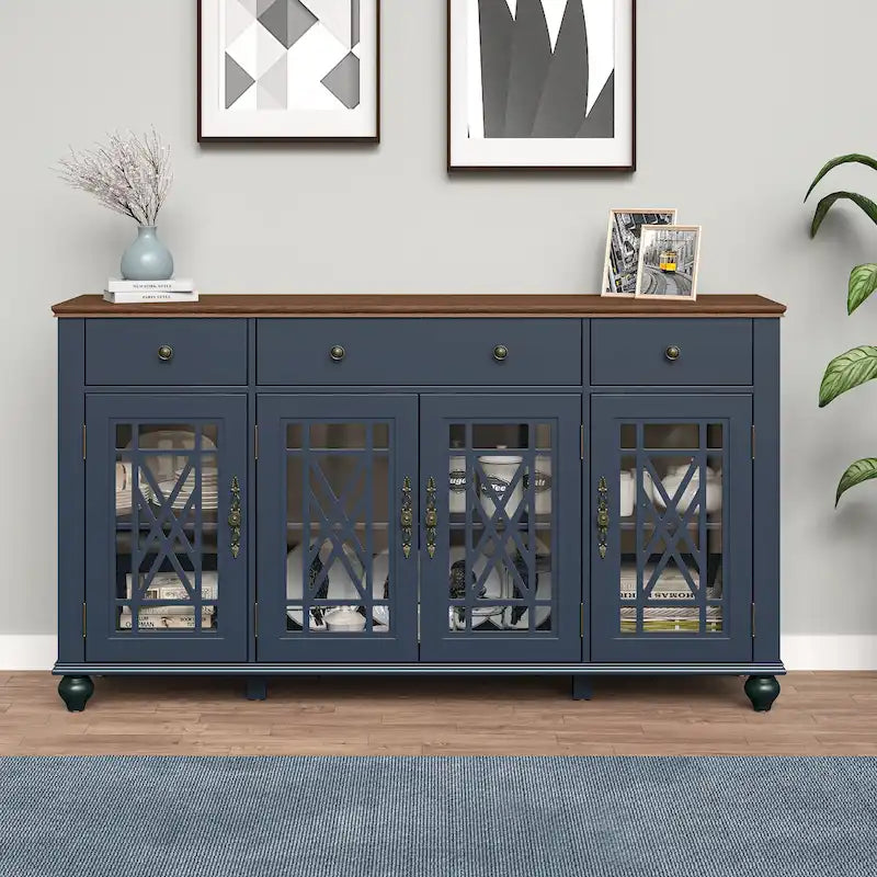 Buffet/Bahut Vintage Grisâtre-Blanc/Vert/Bleu Marine, 3 Tiroirs & Portes Vitrées, 1 Foyer