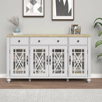 Buffet/Bahut Vintage Grisâtre-Blanc/Vert/Bleu Marine, 3 Tiroirs & Portes Vitrées, 1 Foyer