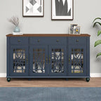 Buffet/Bahut Vintage Grisâtre-Blanc/Vert/Bleu Marine, 3 Tiroirs & Portes Vitrées, 1 Foyer