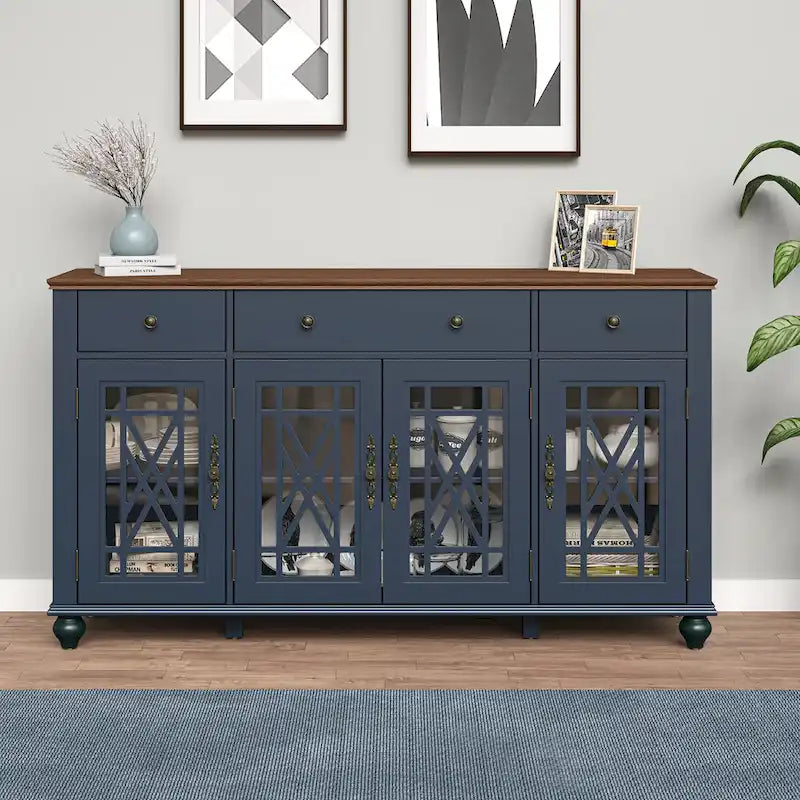 Buffet/Bahut Vintage Grisâtre-Blanc/Vert/Bleu Marine, 3 Tiroirs & Portes Vitrées, 1 Foyer