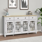 Buffet/Bahut Vintage Grisâtre-Blanc/Vert/Bleu Marine, 3 Tiroirs & Portes Vitrées, 1 Foyer