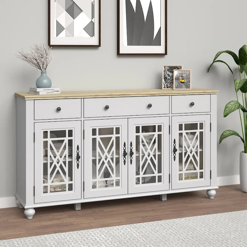 Buffet/Bahut Vintage Grisâtre-Blanc/Vert/Bleu Marine, 3 Tiroirs & Portes Vitrées, 1 Foyer
