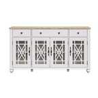 Buffet/Bahut Vintage Grisâtre-Blanc/Vert/Bleu Marine, 3 Tiroirs & Portes Vitrées, 1 Foyer