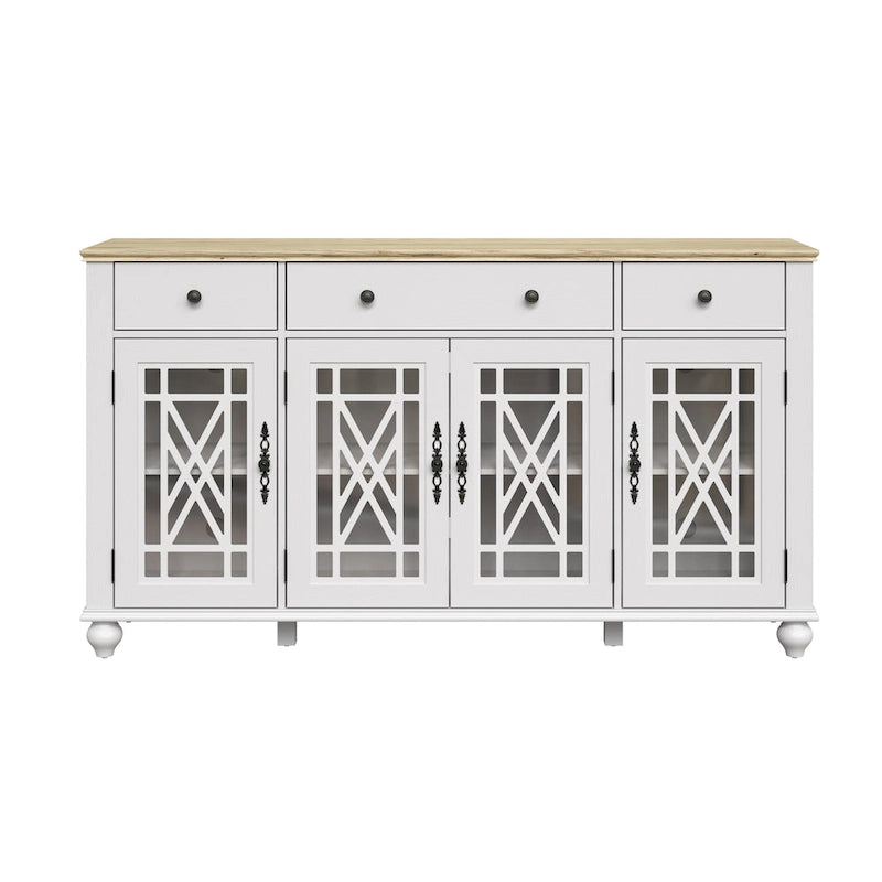 Buffet/Bahut Vintage Grisâtre-Blanc/Vert/Bleu Marine, 3 Tiroirs & Portes Vitrées, 1 Foyer