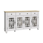 Buffet/Bahut Vintage Grisâtre-Blanc/Vert/Bleu Marine, 3 Tiroirs & Portes Vitrées, 1 Foyer