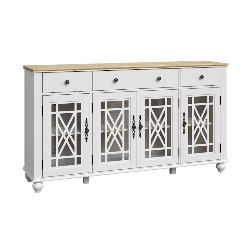 Buffet/Bahut Vintage Grisâtre-Blanc/Vert/Bleu Marine, 3 Tiroirs & Portes Vitrées, 1 Foyer