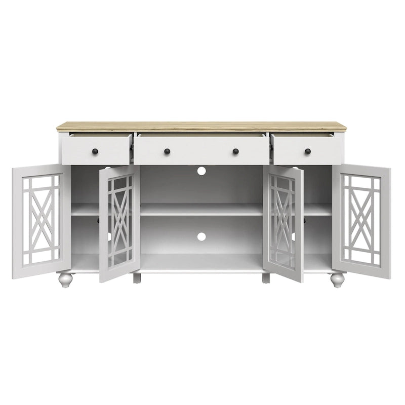 Buffet/Bahut Vintage Grisâtre-Blanc/Vert/Bleu Marine, 3 Tiroirs & Portes Vitrées, 1 Foyer