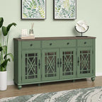 Buffet/Bahut Vintage Grisâtre-Blanc/Vert/Bleu Marine, 3 Tiroirs & Portes Vitrées, 1 Foyer