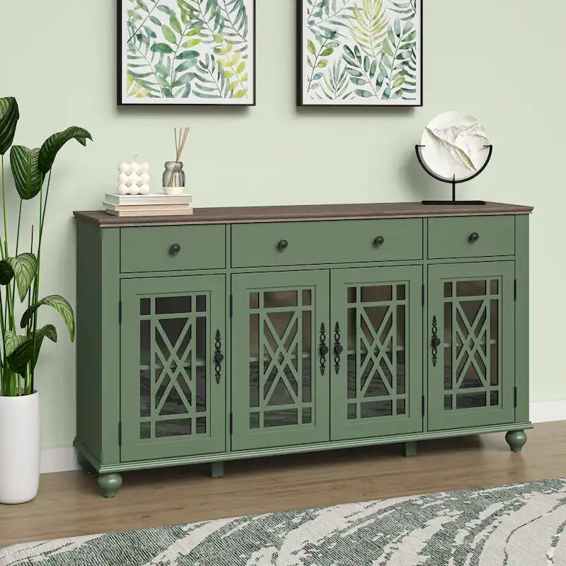 Buffet/Bahut Vintage Grisâtre-Blanc/Vert/Bleu Marine, 3 Tiroirs & Portes Vitrées, 1 Foyer