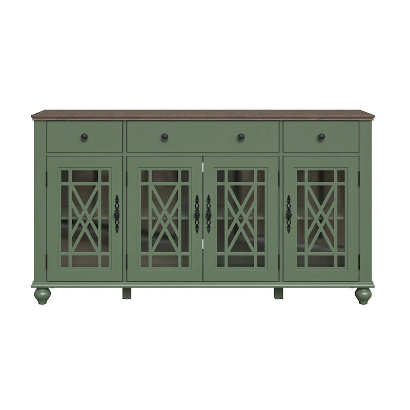 Buffet/Bahut Vintage Grisâtre-Blanc/Vert/Bleu Marine, 3 Tiroirs & Portes Vitrées, 1 Foyer