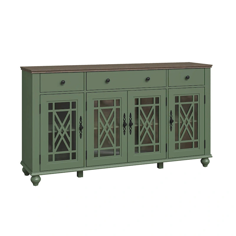 Buffet/Bahut Vintage Grisâtre-Blanc/Vert/Bleu Marine, 3 Tiroirs & Portes Vitrées, 1 Foyer