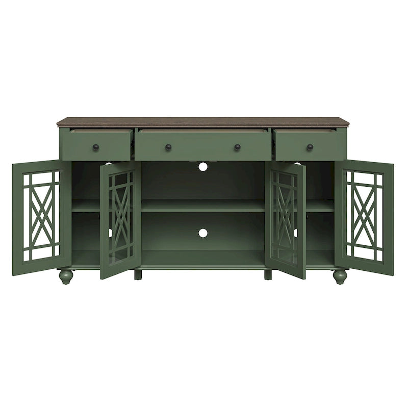Buffet/Bahut Vintage Grisâtre-Blanc/Vert/Bleu Marine, 3 Tiroirs & Portes Vitrées, 1 Foyer