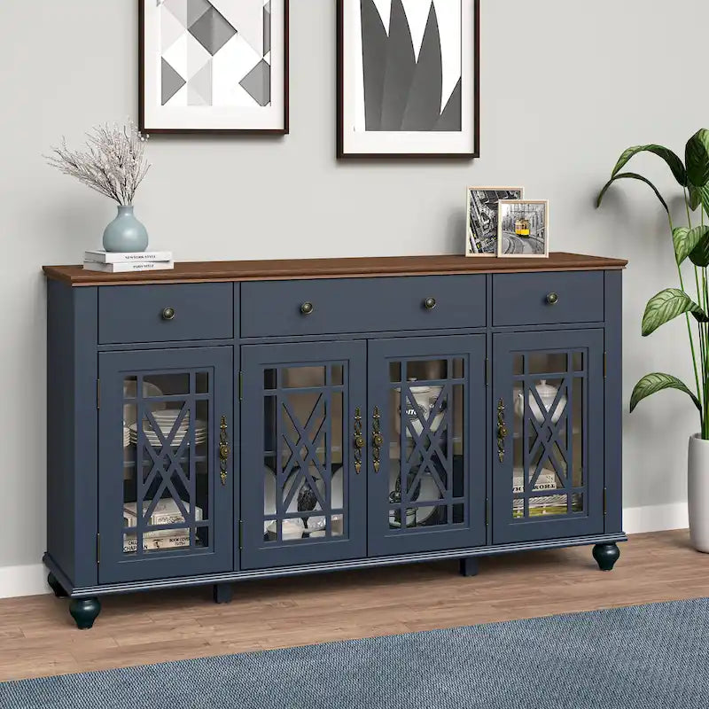 Buffet/Bahut Vintage Grisâtre-Blanc/Vert/Bleu Marine, 3 Tiroirs & Portes Vitrées, 1 Foyer