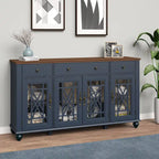 Buffet/Bahut Vintage Grisâtre-Blanc/Vert/Bleu Marine, 3 Tiroirs & Portes Vitrées, 1 Foyer