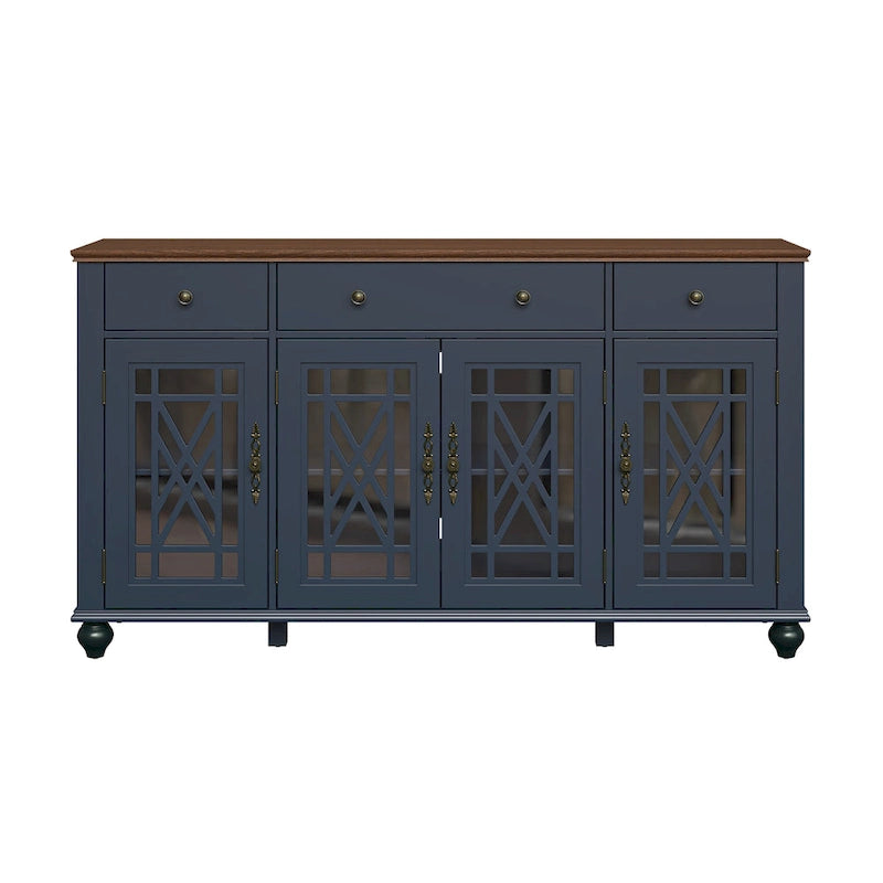Buffet/Bahut Vintage Grisâtre-Blanc/Vert/Bleu Marine, 3 Tiroirs & Portes Vitrées, 1 Foyer