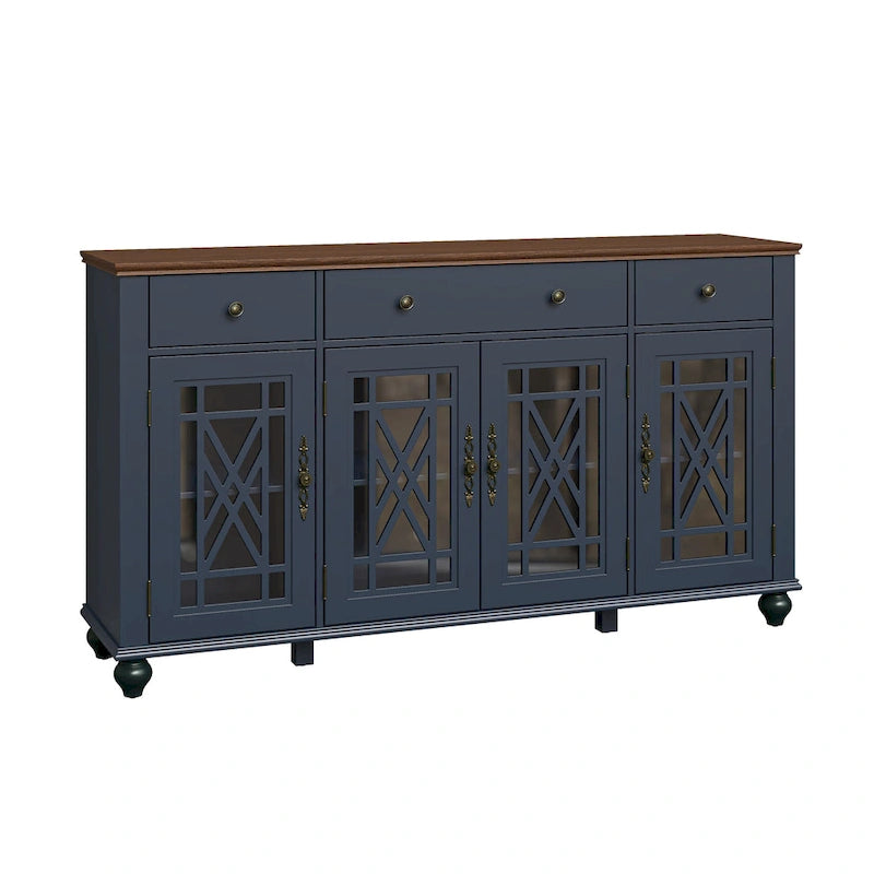 Buffet/Bahut Vintage Grisâtre-Blanc/Vert/Bleu Marine, 3 Tiroirs & Portes Vitrées, 1 Foyer