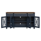Buffet/Bahut Vintage Grisâtre-Blanc/Vert/Bleu Marine, 3 Tiroirs & Portes Vitrées, 1 Foyer