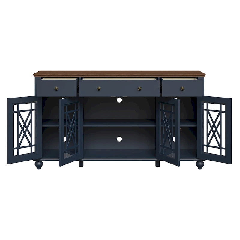 Buffet/Bahut Vintage Grisâtre-Blanc/Vert/Bleu Marine, 3 Tiroirs & Portes Vitrées, 1 Foyer