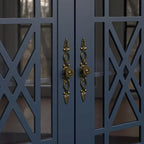 Buffet/Bahut Vintage Grisâtre-Blanc/Vert/Bleu Marine, 3 Tiroirs & Portes Vitrées, 1 Foyer