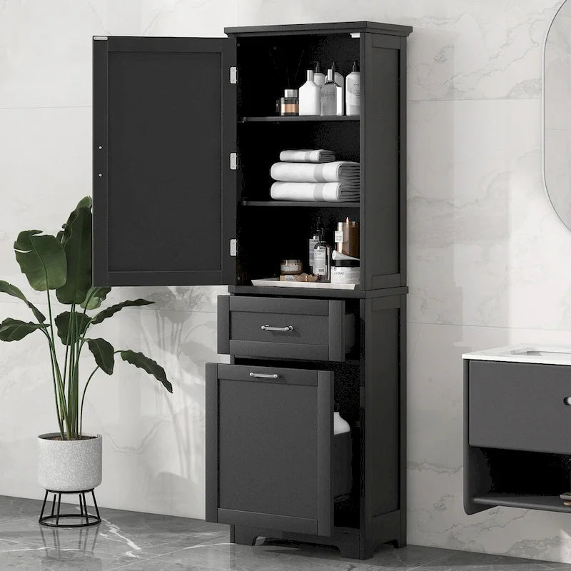 Armoire de rangement haute autoportante grise / blanche / noire, 2 tiroirs, étagère réglable, assemblage par 1 personne