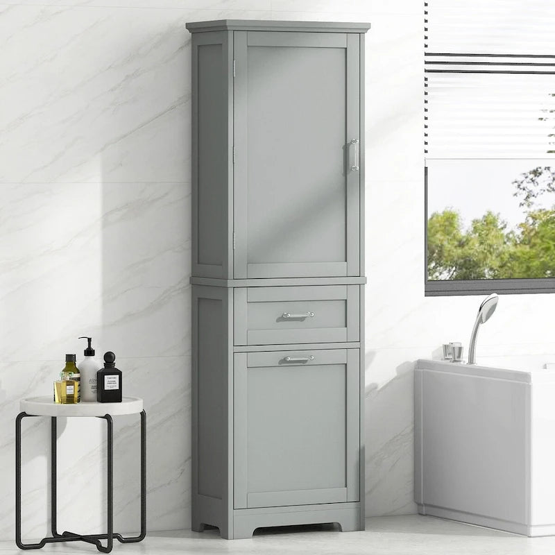 Armoire de rangement haute autoportante grise / blanche / noire, 2 tiroirs, étagère réglable, assemblage par 1 personne