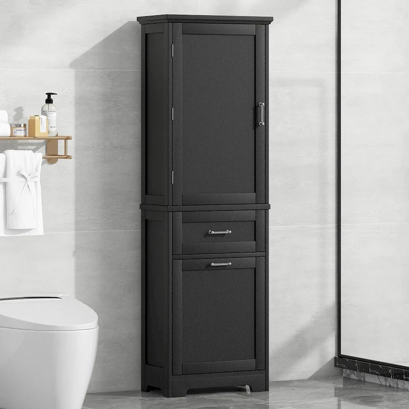 Armoire de rangement haute autoportante grise / blanche / noire, 2 tiroirs, étagère réglable, assemblage par 1 personne