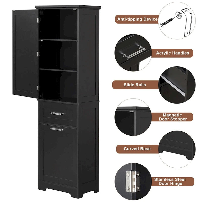 Armoire de rangement haute autoportante grise / blanche / noire, 2 tiroirs, étagère réglable, assemblage par 1 personne