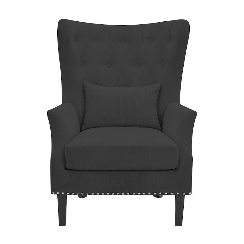 Fauteuil d'appoint dossier à oreilles en velours côtelé Myrtille / Noir moyen / Blanc crème – Une place