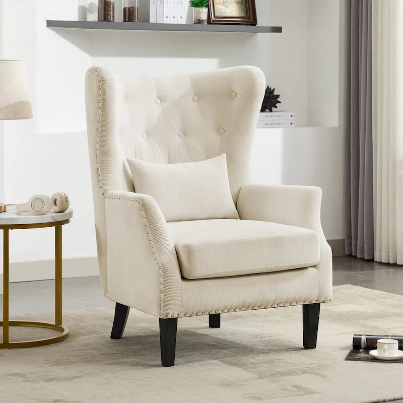 Fauteuil d'appoint dossier à oreilles en velours côtelé Myrtille / Noir moyen / Blanc crème – Une place