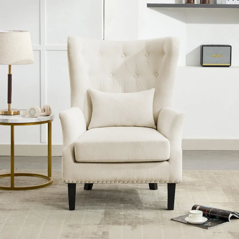 Fauteuil d'appoint dossier à oreilles en velours côtelé Myrtille / Noir moyen / Blanc crème – Une place