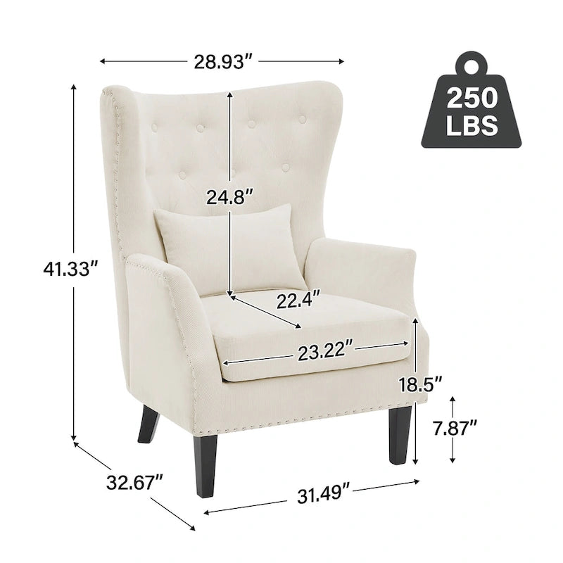 Fauteuil d'appoint dossier à oreilles en velours côtelé Myrtille / Noir moyen / Blanc crème – Une place