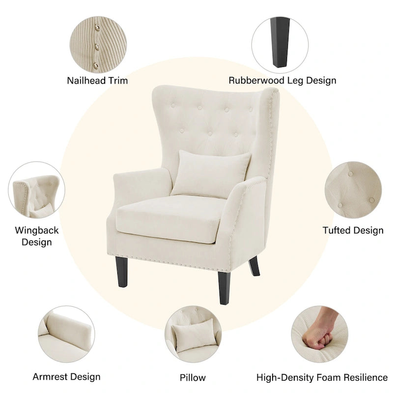 Fauteuil d'appoint dossier à oreilles en velours côtelé Myrtille / Noir moyen / Blanc crème – Une place